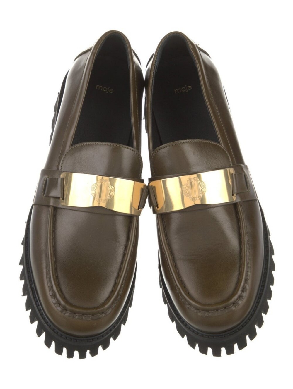Maje Paris Olive Loafers with Gold Accent